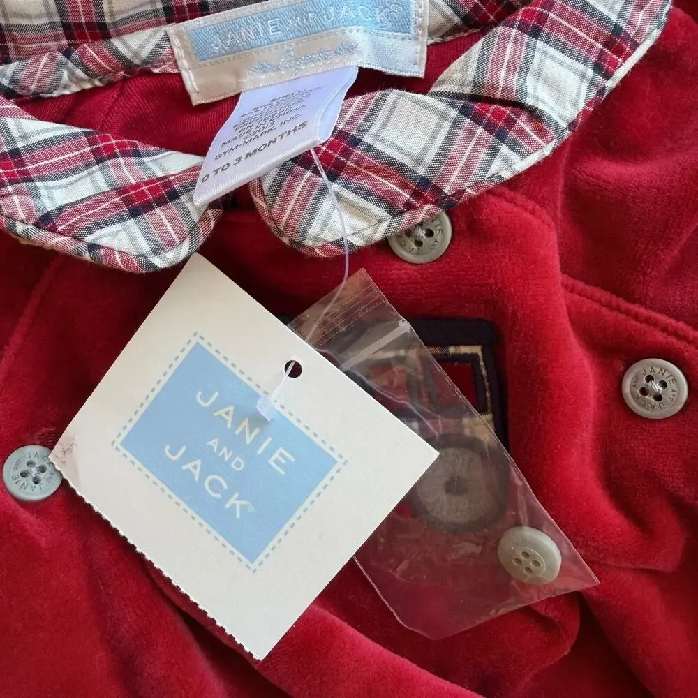 Janie and Jack Baby Boy Heirloom Red Velvet Holiday Romper Train Plaid 0-3 Month
